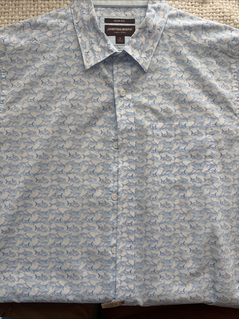 Johnston & Murphy Light Blue Fish-Print Casual Button-Down Shirt Med Slim Fit